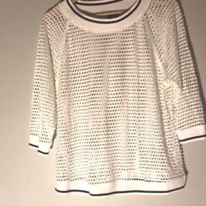 White Mesh Knit Sweater with Black Trim